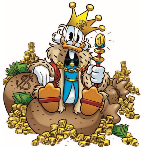 Dagobert Duck inmitten von Goldmünzen mit Krone und Zepter